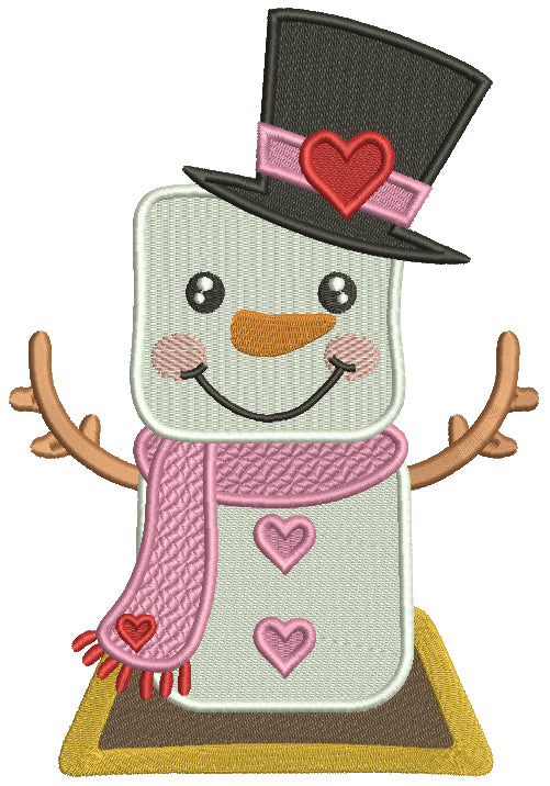Snowman Wearing a Tall Hat With Heart Valentine's Day Filled Machine Embroidery Design Digitized Pattern