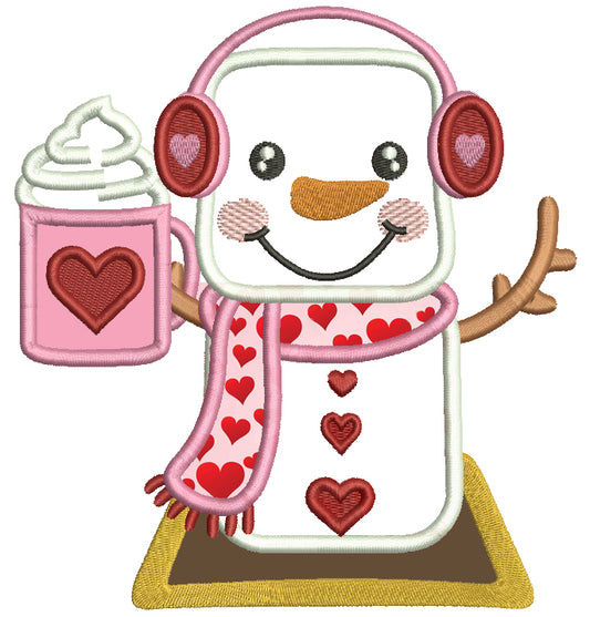Snowman With Heart Holding Hot Cocoa Valentine's Day Applique Machine Embroidery Design Digitized Pattern