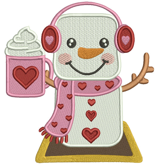 Snowman With Heart Holding Hot Cocoa Valentine's Day Filled Machine Embroidery Design Digitized Pattern