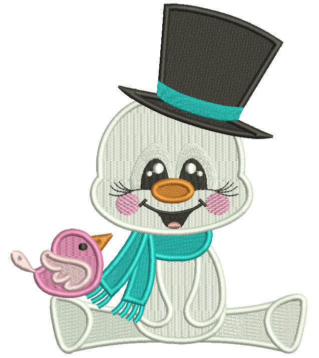 Snowman With Huge Hat and Little Bird Christmas Filled Machine Embroidery Design Digitized Pattern