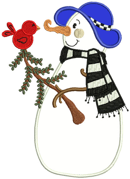 Snowman With Red Robin Christmas Applique Machine Embroidery Design Digitized Pattern