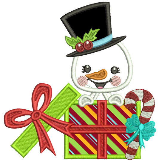 Snowman With Top Hat Behind Christmas Presents Applique Machine Embroidery Design Digitized Pattern