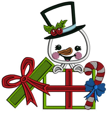 Snowman With Top Hat Behind Christmas Presents Applique Machine Embroidery Design Digitized Pattern