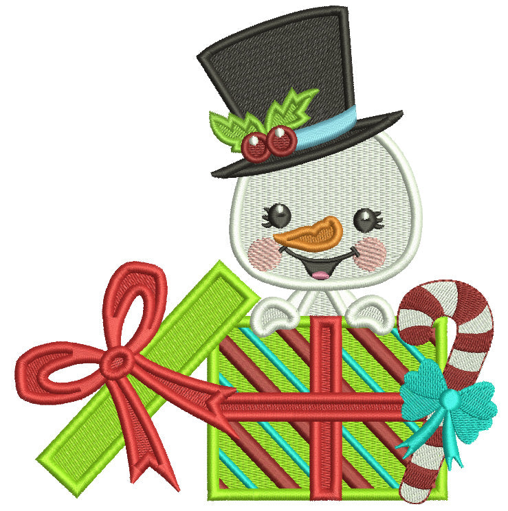 Snowman With Top Hat Behind Christmas Presents Filled Machine Embroidery Design Digitized Pattern