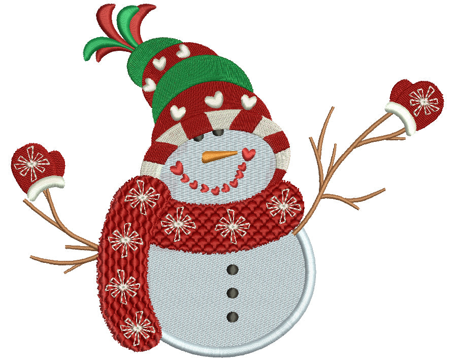 Snowman With Warm Scarf Wearing Snow Mittens Christmas Filled Machine Embroidery Digitized Design Pattern