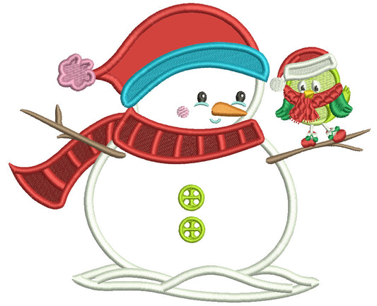 Snowman With a Bird Christmas Applique Machine Embroidery Design Digitized Pattern
