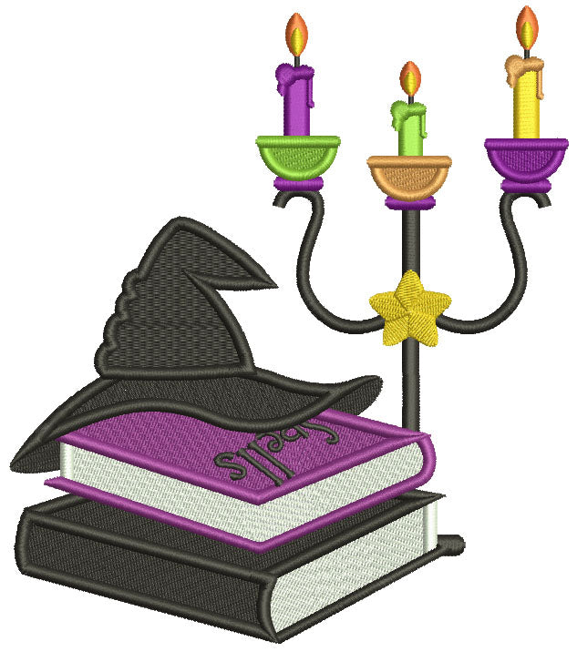 Spell Books And Witch Hat Filled Machine Embroidery Design Digitized Pattern