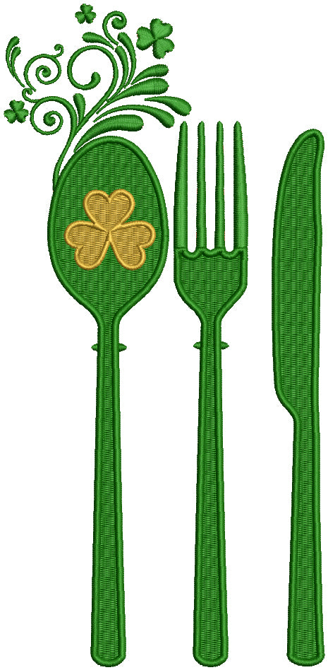 Spoon Knife And Fork Shamrock St. Patrick's Day Filled Machine Embroidery Design Digitized Pattern
