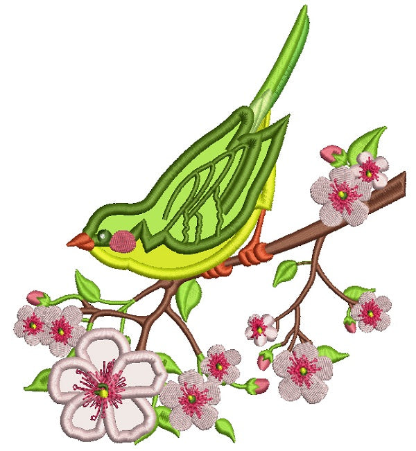 Spring Bird Sitting on the Branch Applique Machine Embroidery Design Digitized Pattern