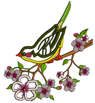 Spring Bird Sitting on the Branch Applique Machine Embroidery Design Digitized Pattern
