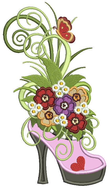 Spring Ornamental Shoe With Fancy Flowers Applique Machine Embroidery Design Digitized Pattern