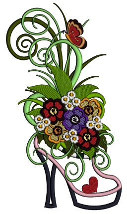 Spring Ornamental Shoe With Fancy Flowers Applique Machine Embroidery Design Digitized Pattern