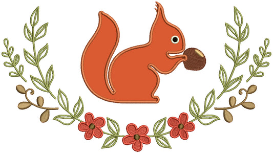 Squirrel Eating Nuts Floral Arrangement Applique Machine Embroidery Design Digitized Pattern