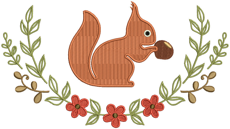 Squirrel Eating Nuts Floral Arrangement Filled Machine Embroidery Design Digitized Pattern