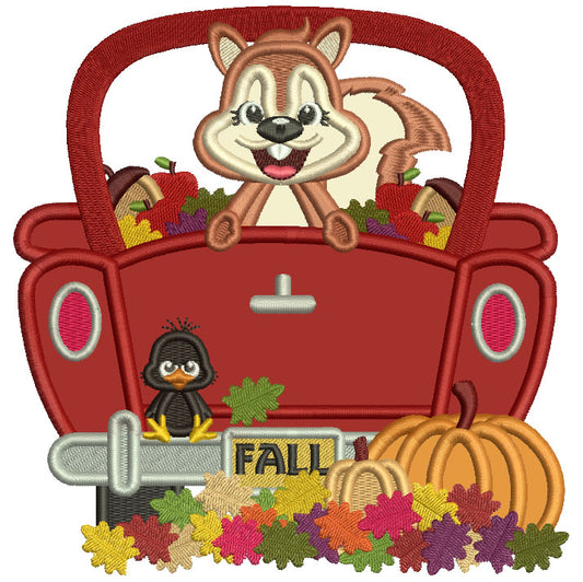 Squirrel Sitting In A Truck With Pumpkins Fall Applique Machine Embroidery Design Digitized Pattern