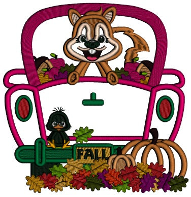 Squirrel Sitting In A Truck With Pumpkins Fall Applique Machine Embroidery Design Digitized Pattern