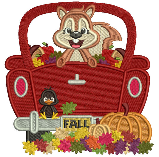 Squirrel Sitting In A Truck With Pumpkins Fall Filled Machine Embroidery Design Digitized Pattern