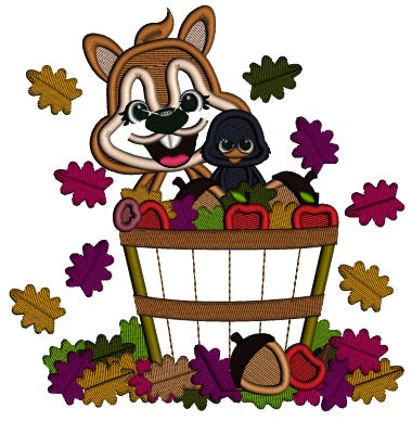 Squirrel Sitting In The Basket With Acorns And Leaves Fall Applique Machine Embroidery Design Digitized Pattern