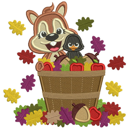 Squirrel Sitting In The Basket With Acorns And Leaves Fall Filled Machine Embroidery Design Digitized Pattern