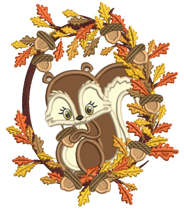 Squirrel Sitting On a Wreath WIth Acorns And Fall Leaves Applique Mach ...