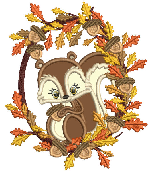 Squirrel Sitting On a Wreath WIth Acorns And Fall Leaves Applique Machine Embroidery Design Digitized Pattern