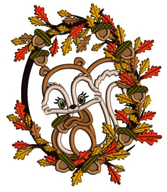 Squirrel Sitting On a Wreath WIth Acorns And Fall Leaves Applique Machine Embroidery Design Digitized Pattern