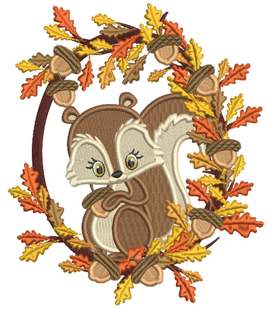 Squirrel Sitting On a Wreath WIth Acorns And Fall Leaves Filled Machine Embroidery Design Digitized Pattern