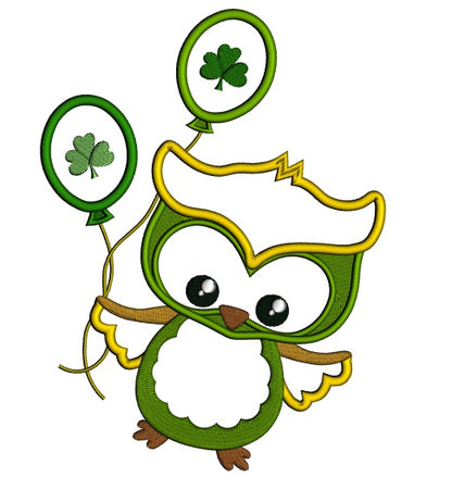 St Patrick's Day Owl Holding Ballooon With Shamrock Applique Machine Embroidery Design Digitized Pattern