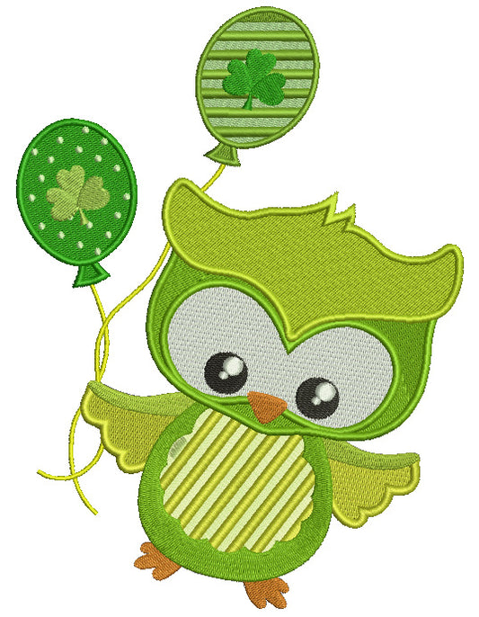 St Patrick's Day Owl Holding Ballooon With Shamrock Filled Machine Embroidery Design Digitized Pattern