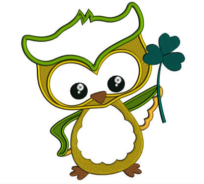 St Patrick's Day Owl Holding Shamrock Irish Applique Machine Embroidery Design Digitized Pattern