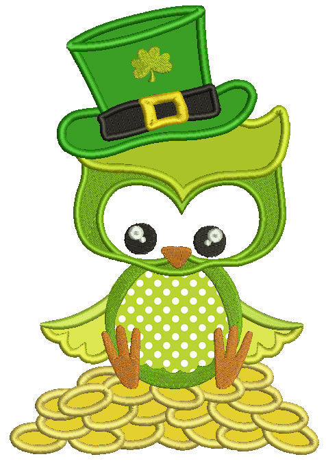 St Patrick's Day Owl Sitting on Gold Coins Irish Applique Machine Embroidery Design Digitized Pattern