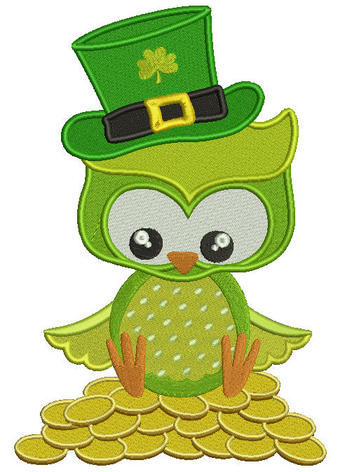 St Patrick's Day Owl Sitting on Gold Coins Irish Filled Machine Embroidery Design Digitized Pattern