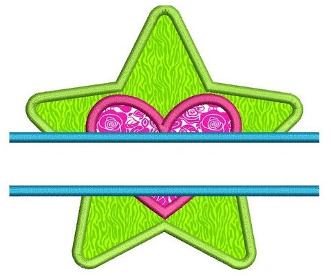 Star With Heart Split Applique Machine Embroidery Digitized Design Pattern - Instant Download - 4x4 , 5x7, 6x10