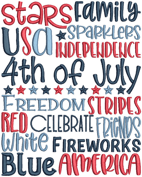 Stars Family Sparklers USA Independence Filled Machine Embroidery Design Digitized Pattern