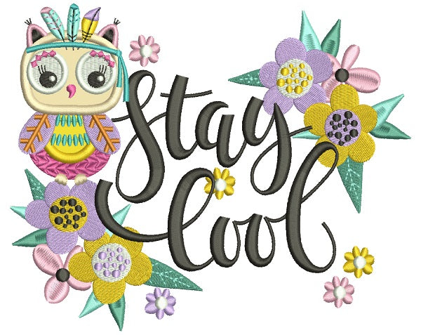 Stay Cool Owl With Flowers Applique Machine Embroidery Design Digitized Pattern