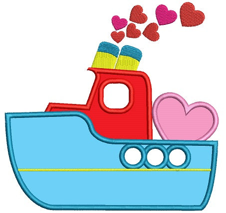 Steam Boat With Hearts Marine Applique Machine Embroidery Digitized Design Pattern