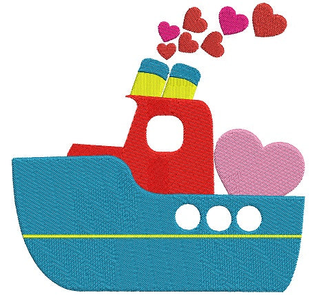 Steam Boat With Hearts Marine Filled Machine Embroidery Digitized Design Pattern