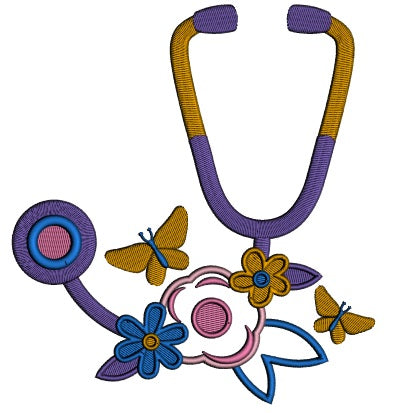 Stethoscope WIth Flowers And Butterflies Medical Applique Machine Embroidery Design Digitized Pattern