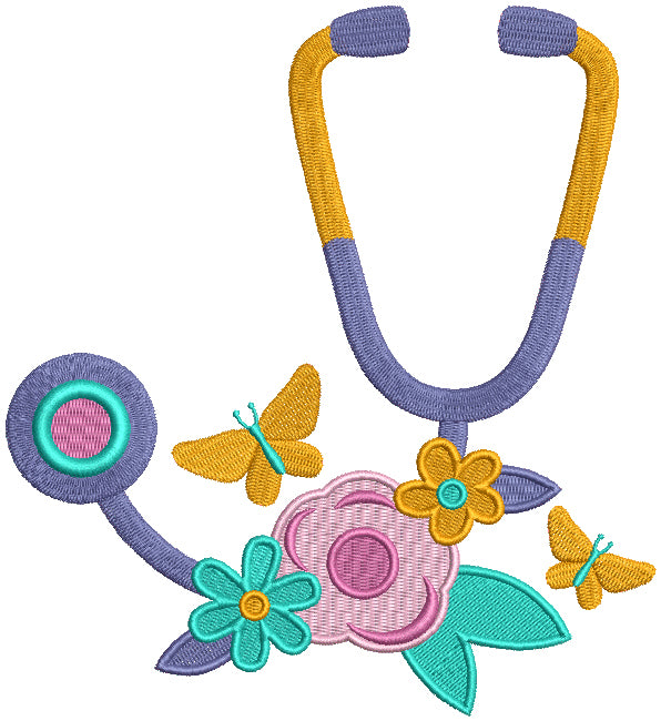 Stethoscope WIth Flowers And Butterflies Medical Filled Machine Embroidery Design Digitized Pattern