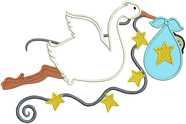 Stork Delivering a Baby Boy Applique Machine Embroidery Design Digitized Pattern