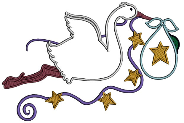 Stork Delivering a Baby Boy Applique Machine Embroidery Design Digitized Pattern