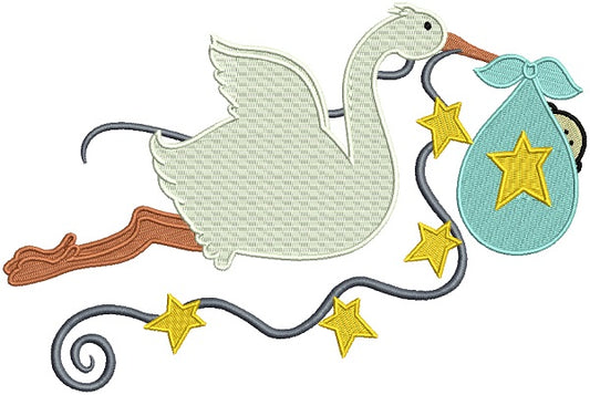 Stork Delivering a Baby Boy Filled Machine Embroidery Design Digitized Pattern