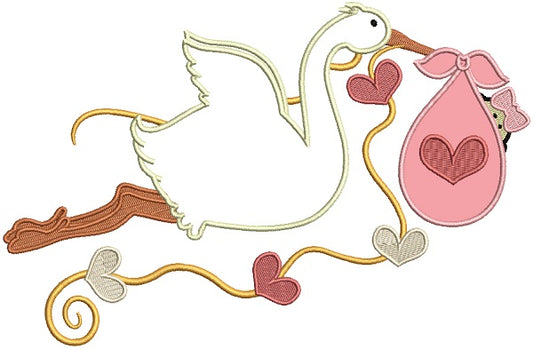 Stork Delivering a Baby Girl Applique Machine Embroidery Design Digitized Pattern