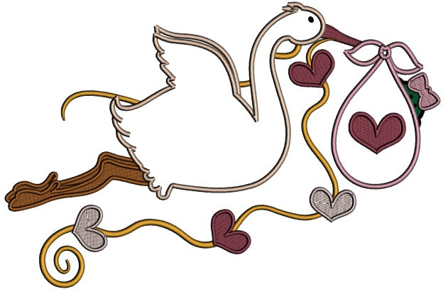 Stork Delivering a Baby Girl Applique Machine Embroidery Design Digitized Pattern
