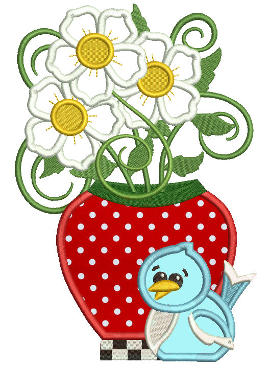 Strawberry Vase With Flowers And Bird Applique Machine Embroidery Design Digitized Pattern