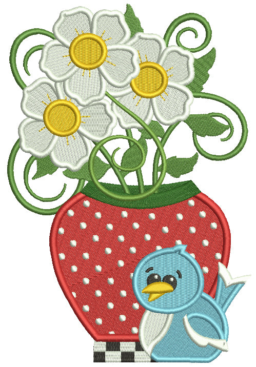 Strawberry Vase With Flowers And Bird Filled Machine Embroidery Design Digitized Pattern