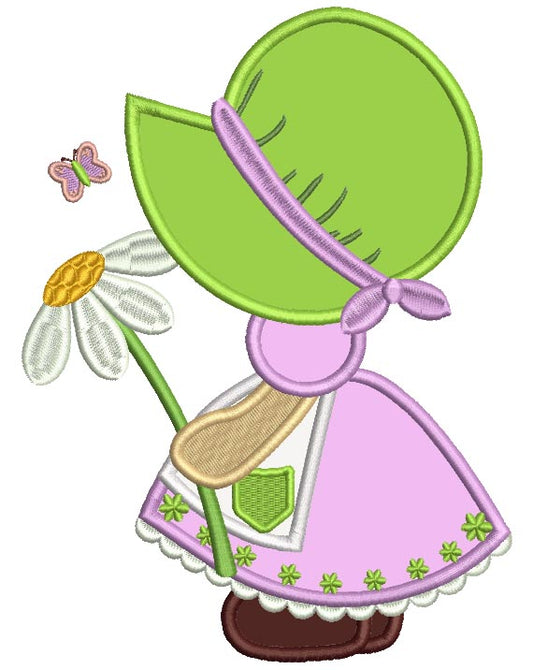 Sunbonnet Doll Holding a Daisy Applique Machine Embroidery Design Digitized Pattern