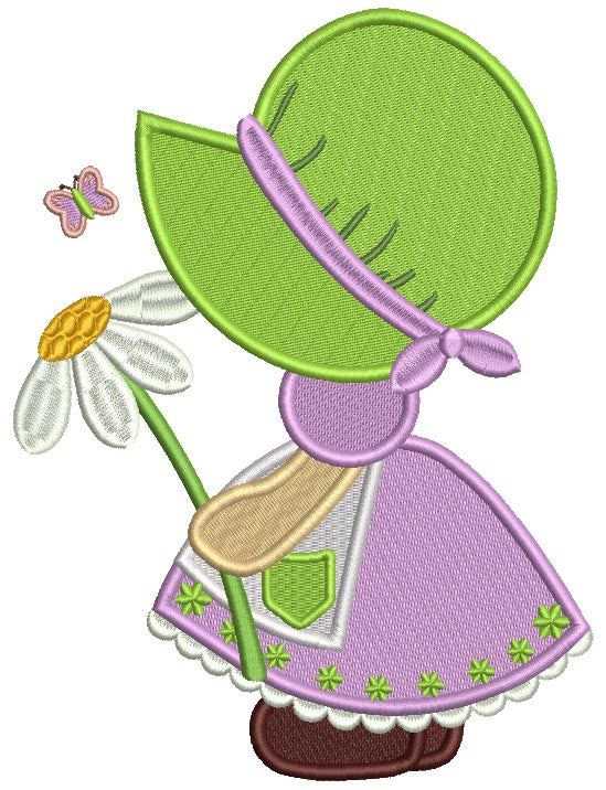 Sunbonnet Doll Holding a Daisy Filled Machine Embroidery Design Digitized Pattern