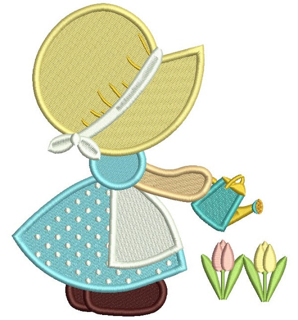 Sunbonnet Doll Watering Plants Filled Machine Embroidery Design Digitized Pattern
