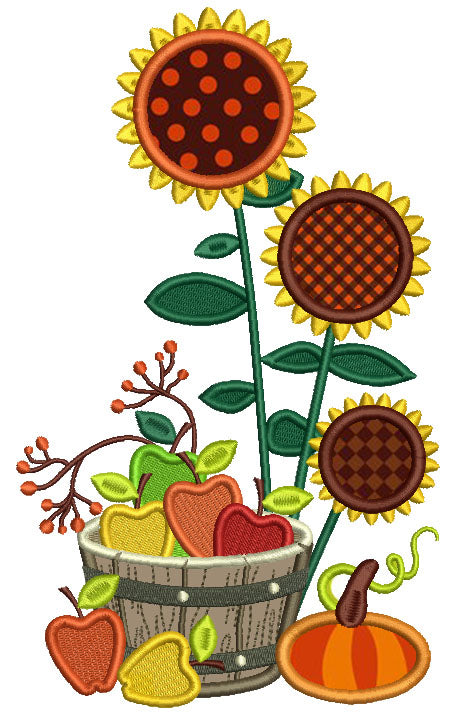 Sunflowers And Apples In The Wooden Basket Fall Applique Machine Embroidery Design Digitized Pattern